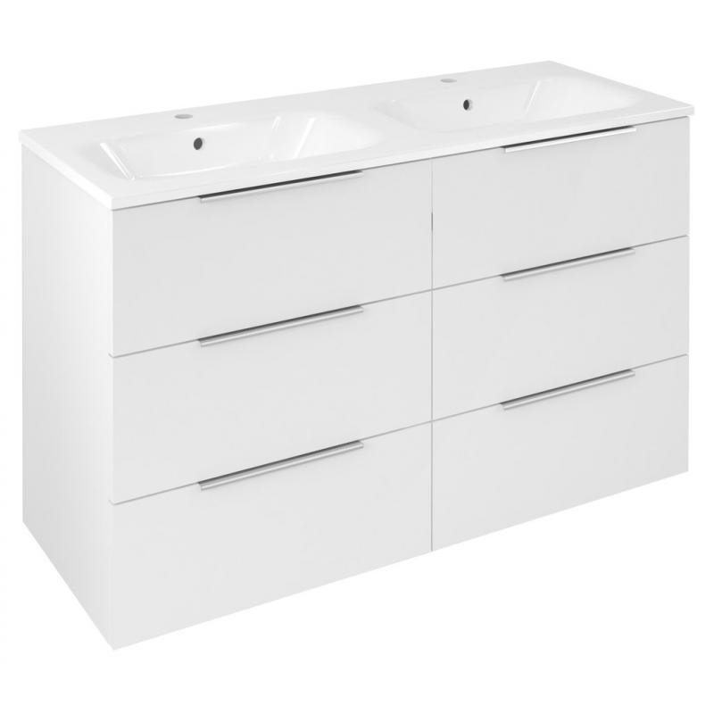 CIRASA umývadlová skrinka s dvojitým umývadlom 121x77x46cm, 3x zásuvka, biela lesk