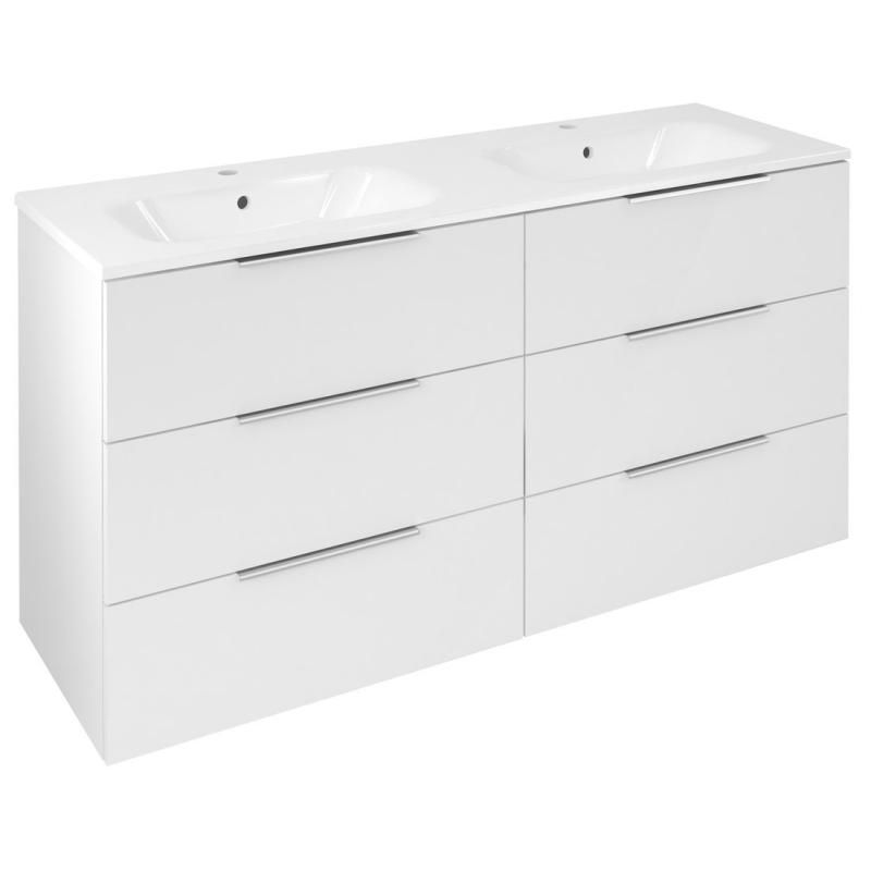 CIRASA umývadlová skrinka s dvojitým umývadlom 141x77x46cm, 3x zásuvka, biela lesk