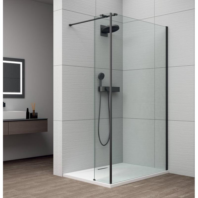 ESCA BLACK MATT sprchová zástena s inštaláciou k stene 1300mm a prídavným panelom 585mm, číre sklo