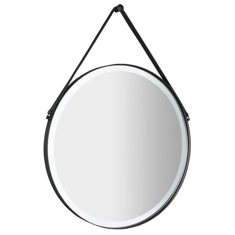 ORBITER guľaté zrkadlo s LED osvetlením, kožený popruh, ø 70cm, čierna mat