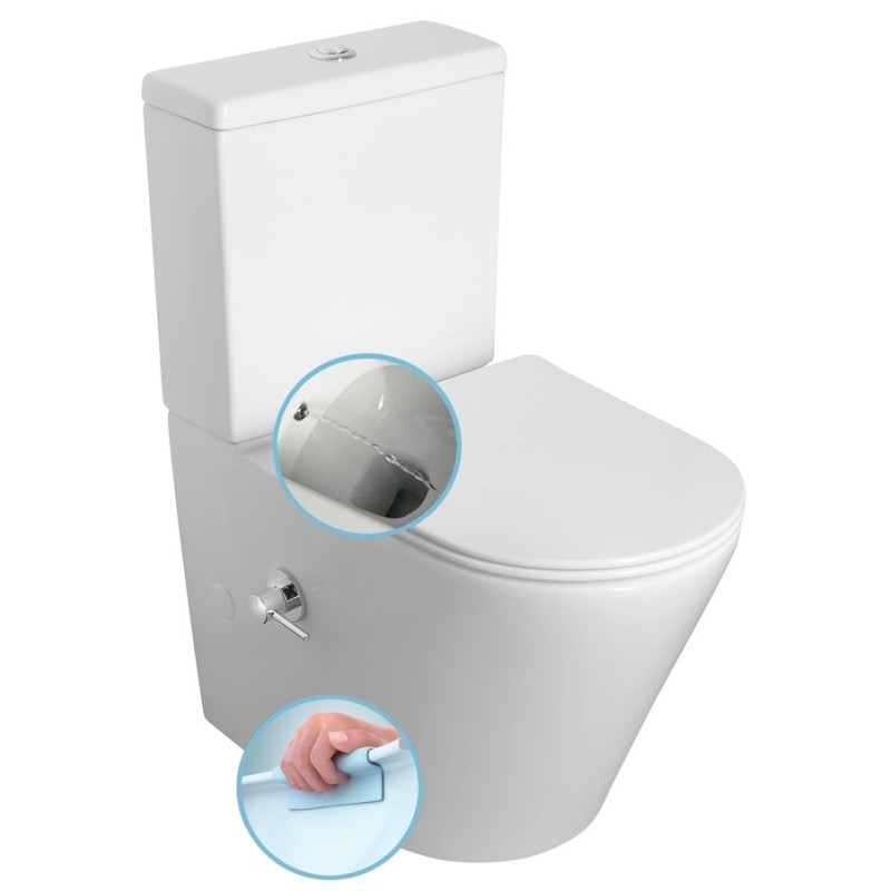 PACO RIMLESS WC kombi misa, integrovaná batéria a bidetová spŕška, spodný/zadný