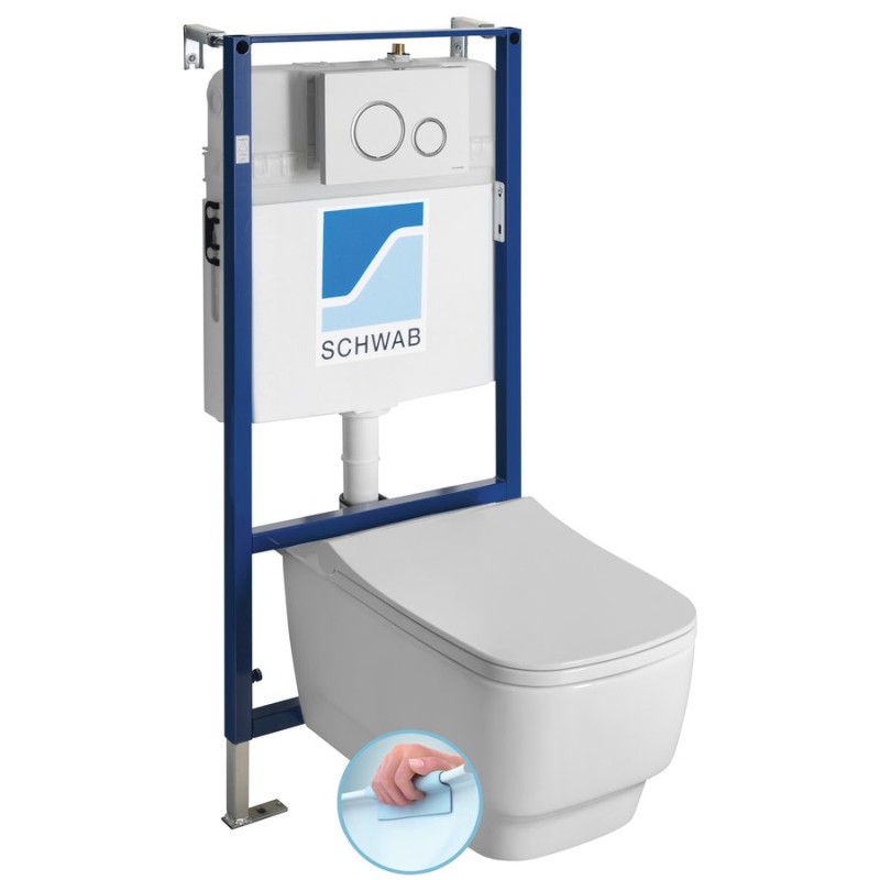 Závesné WC BELLO Rimless s podomietkovou nádržkou a tlačidlom Schwab, biela