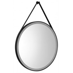 STAGO guľaté zrkadlo s LED osvetlením priemer 60cm, kožený popruh, dotykový senzor, stmievateľné, čierna mat