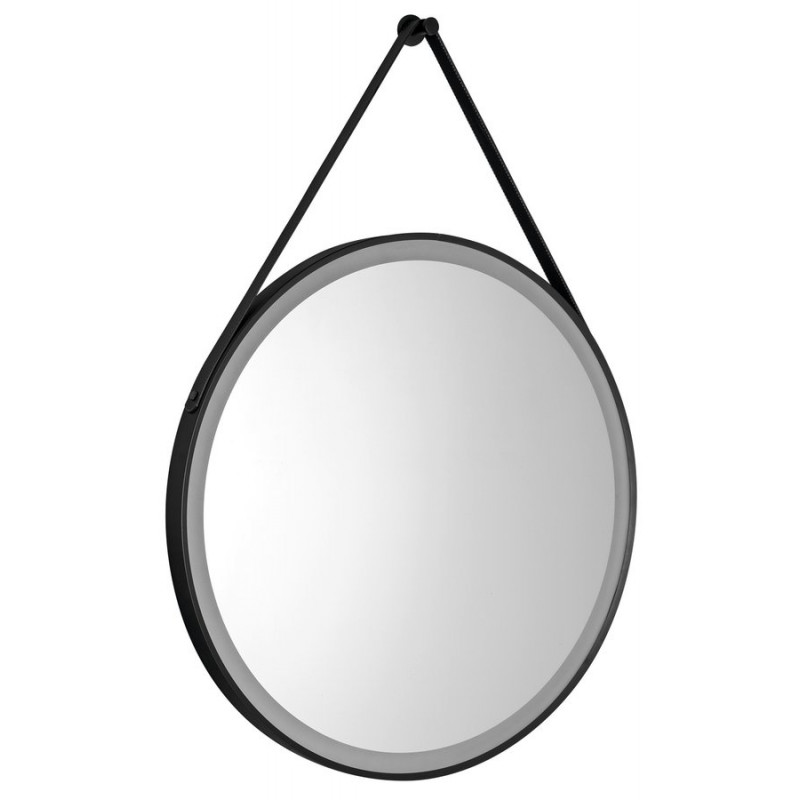 STAGO guľaté zrkadlo s LED osvetlením priemer 60cm, kožený popruh, dotykový senzor, stmievateľné, čierna mat
