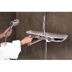 Vodovodná batéria vaňová/sprchová s pevnou tyčou hlavovou a ručnou sprchou, polica SKLO LACOBEL biela MURRAY NEW