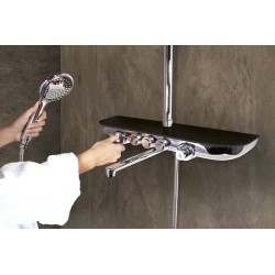 Vodovodná batéria vaňová/sprchová s pevnou tyčou hlavovou a ručnou sprchou, polica SKLO LACOBEL čierna metalíza MURRAY 