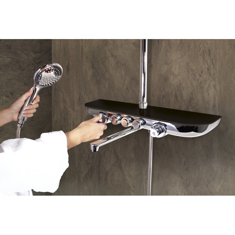 Vodovodná batéria vaňová/sprchová s pevnou tyčou hlavovou a ručnou sprchou, polica SKLO LACOBEL čierna metalíza MURRAY 